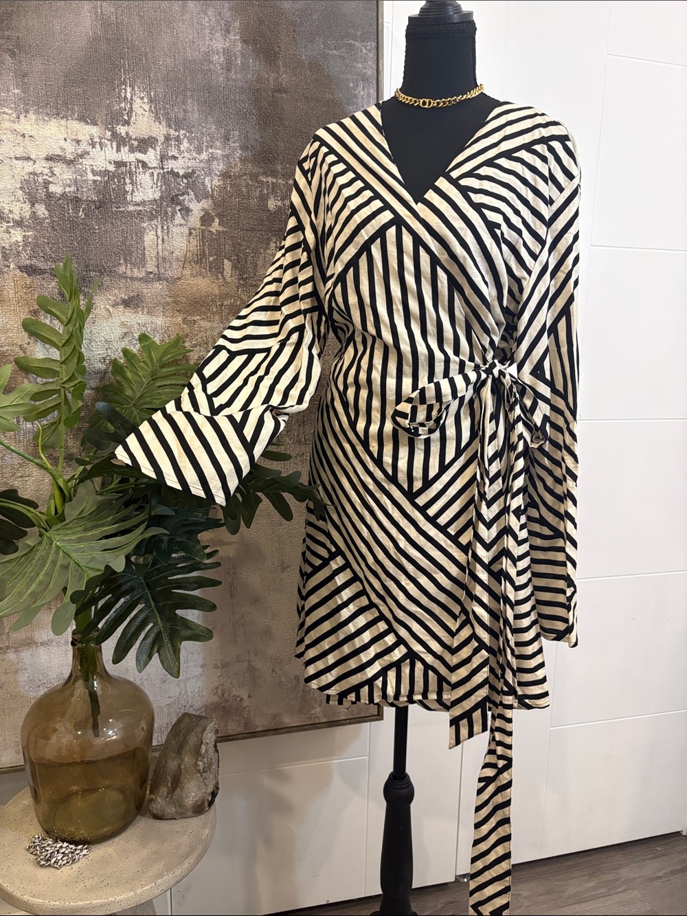 H&M Linen Blend Black and Cream Striped Wrap Dress